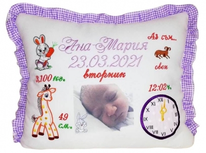 Възглавничка визитка Бродерия + снимка
