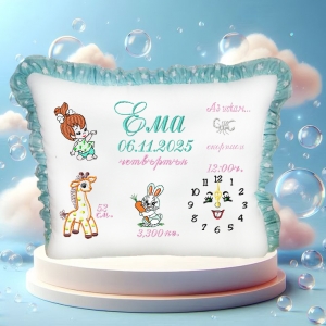 Бебешка възглавничка визитка Бродерия-Ема