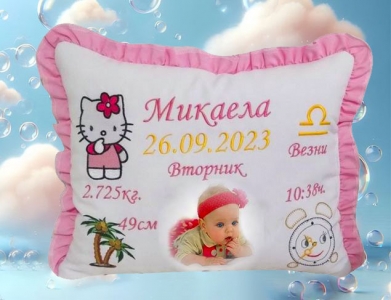 Възглавничка визитка Бродерия + снимка-Микаела